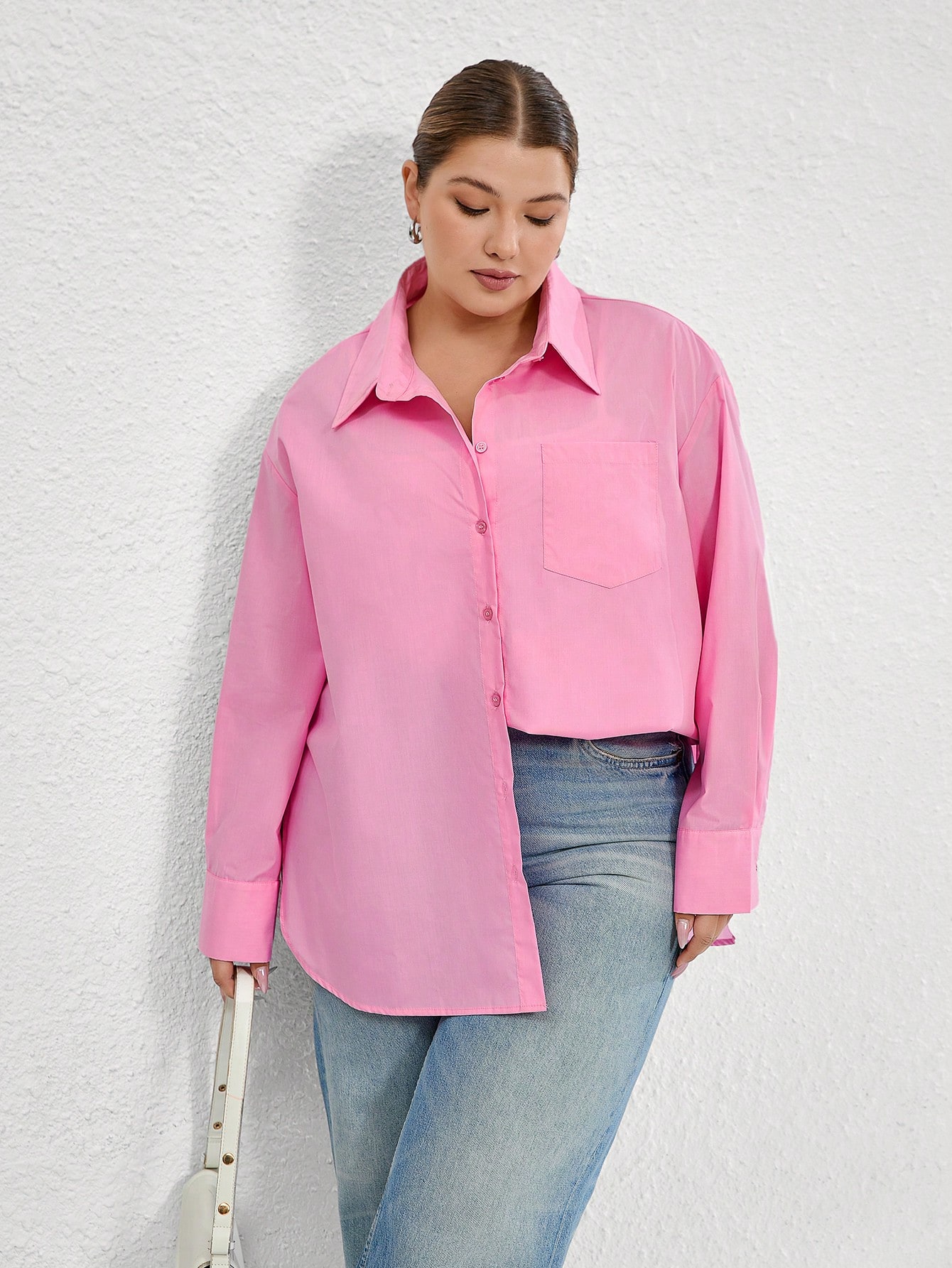 Plus Size Long Sleeve Pocket Design Plus Size Women Casual Buttoned Shirt