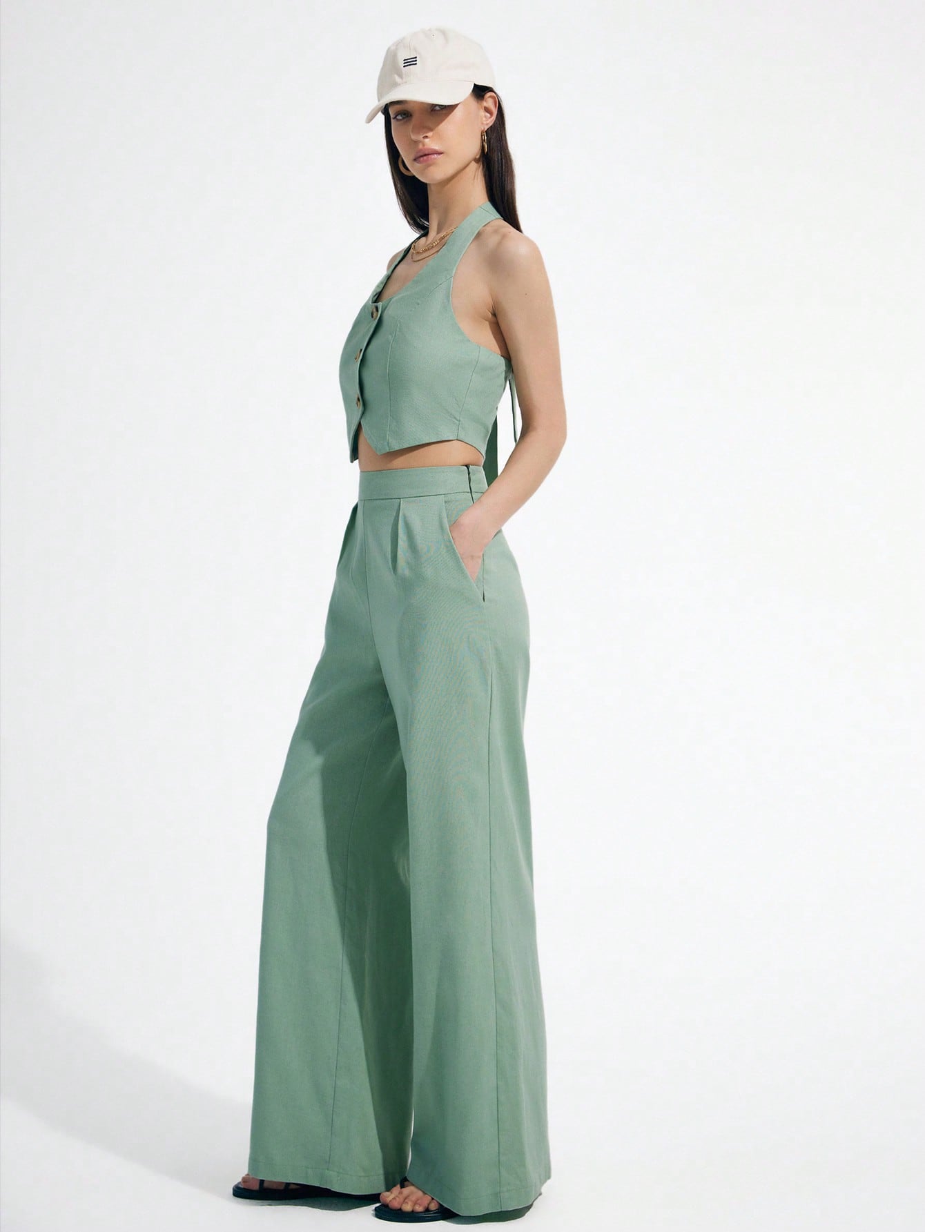 2pcs/Set Women Casual Button Neck Vest Top + Wide Leg Pants Suit
