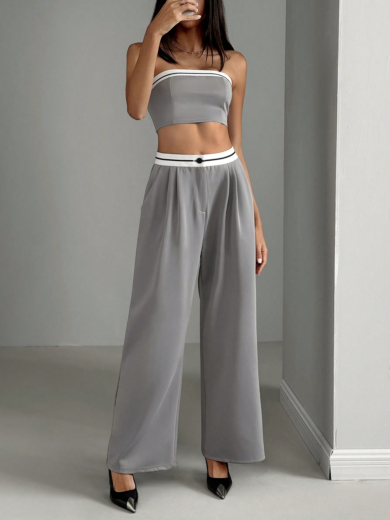 Y2k Colorblock Tube Top & Flared Pleated Pants Structure Set, Sexy Two-Piece Outfit