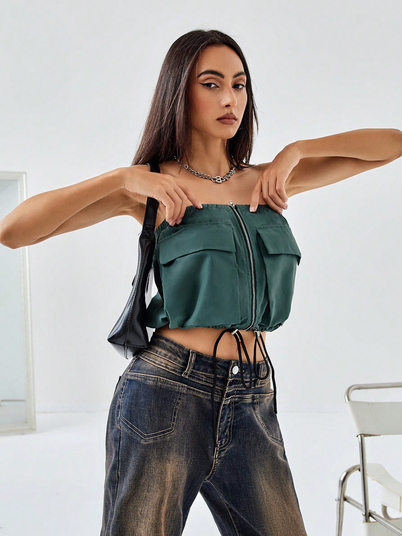 American Retro Style Cargo Tube Top For Women, Featuring Large Pockets, Drawstring Hemline