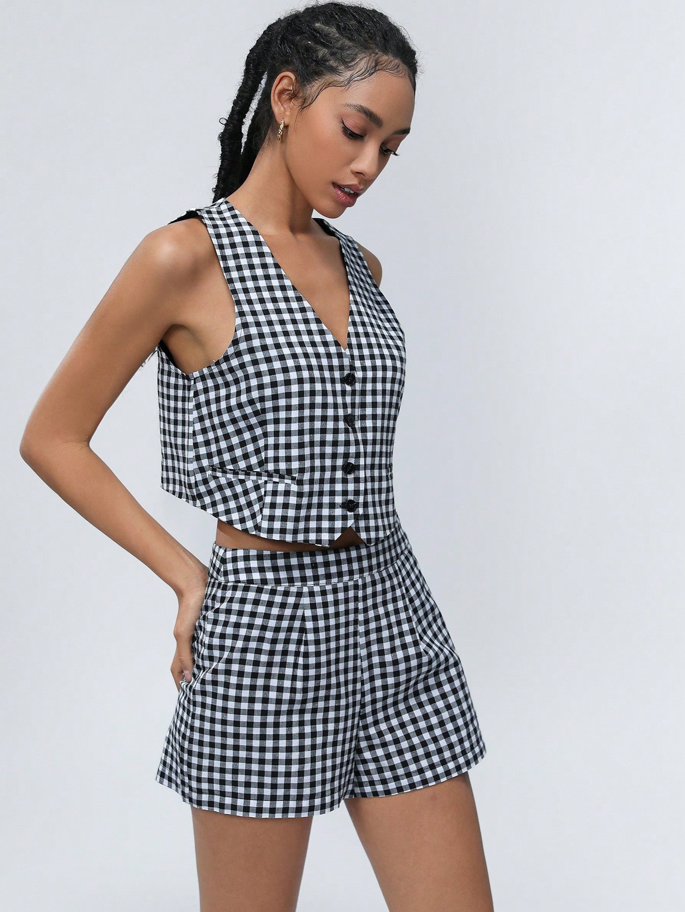 Optimistic Casual Versatile Simple Plaid V-Neck Vest Paired With Wide Leg Shorts Women Suit Set
