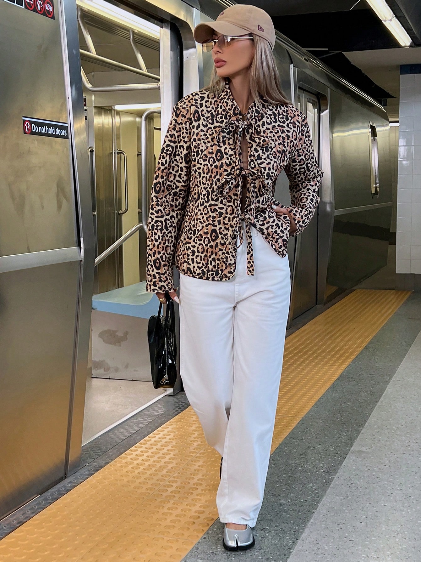 Casual Lace-Up Loose Leopard Print Padded Padded Coat, Autumn/Winter Clothes