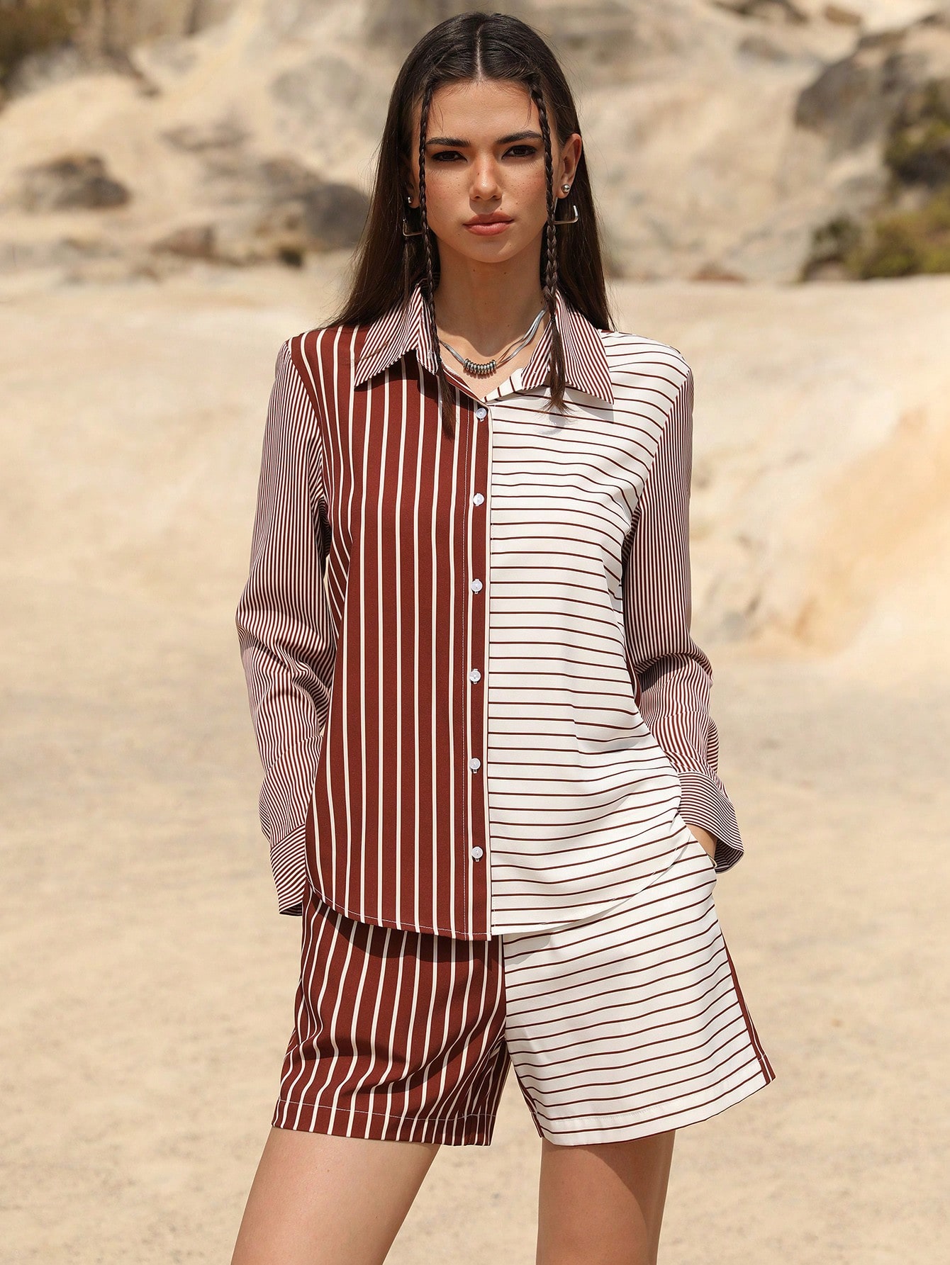 2pcs Women Colorblock Striped Long Sleeve Shirt & Shorts Set