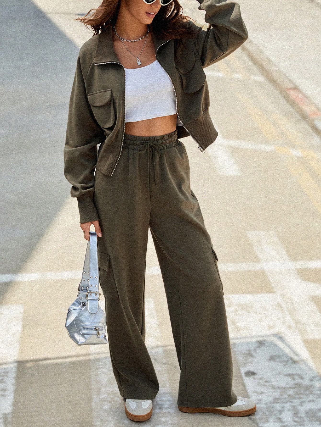 Women Loose Casual Metal Zipper Hoodie Sweatshirt + Cargo Pants Set, Autumn/Winter