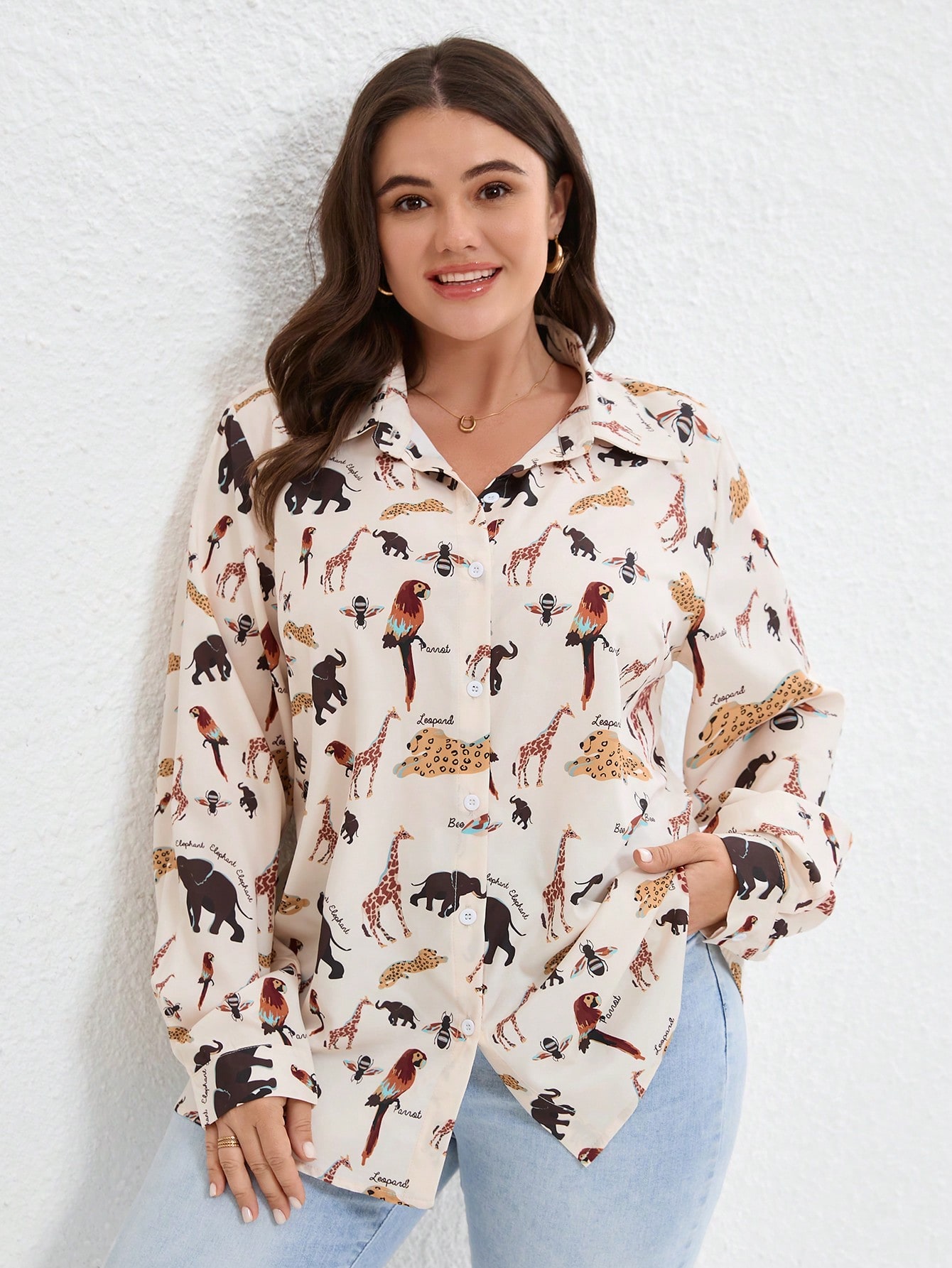 Spring/Summer New Cute & Lively Animal Graffiti All-Over Print Loose Plus Size Long Sleeve Shirt