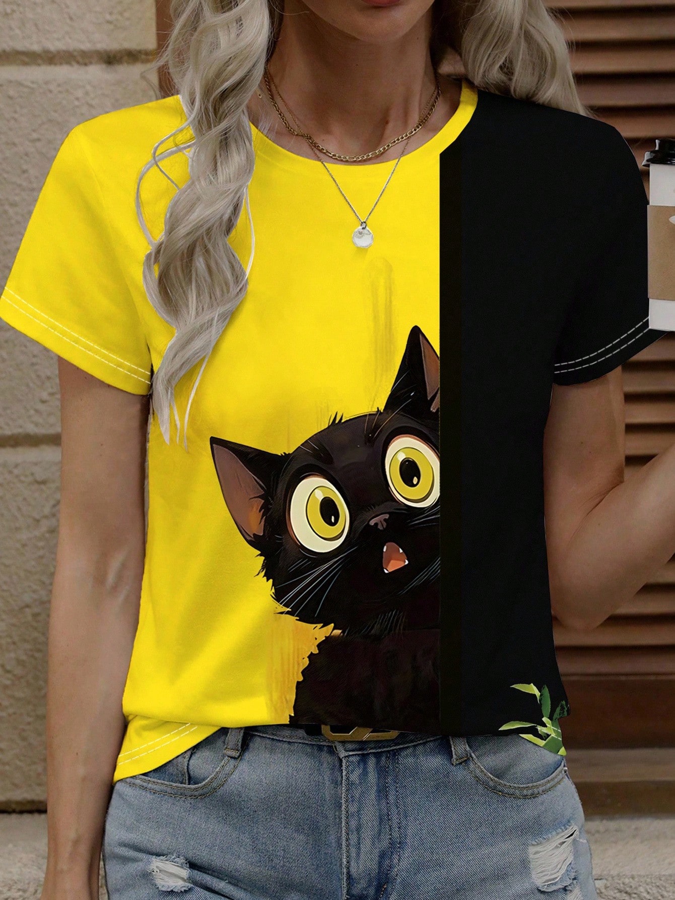 Women's Cat Graphic Print Short Sleeve Round Neck T-Shirt, Casual Women Clothes For Spring/Summer