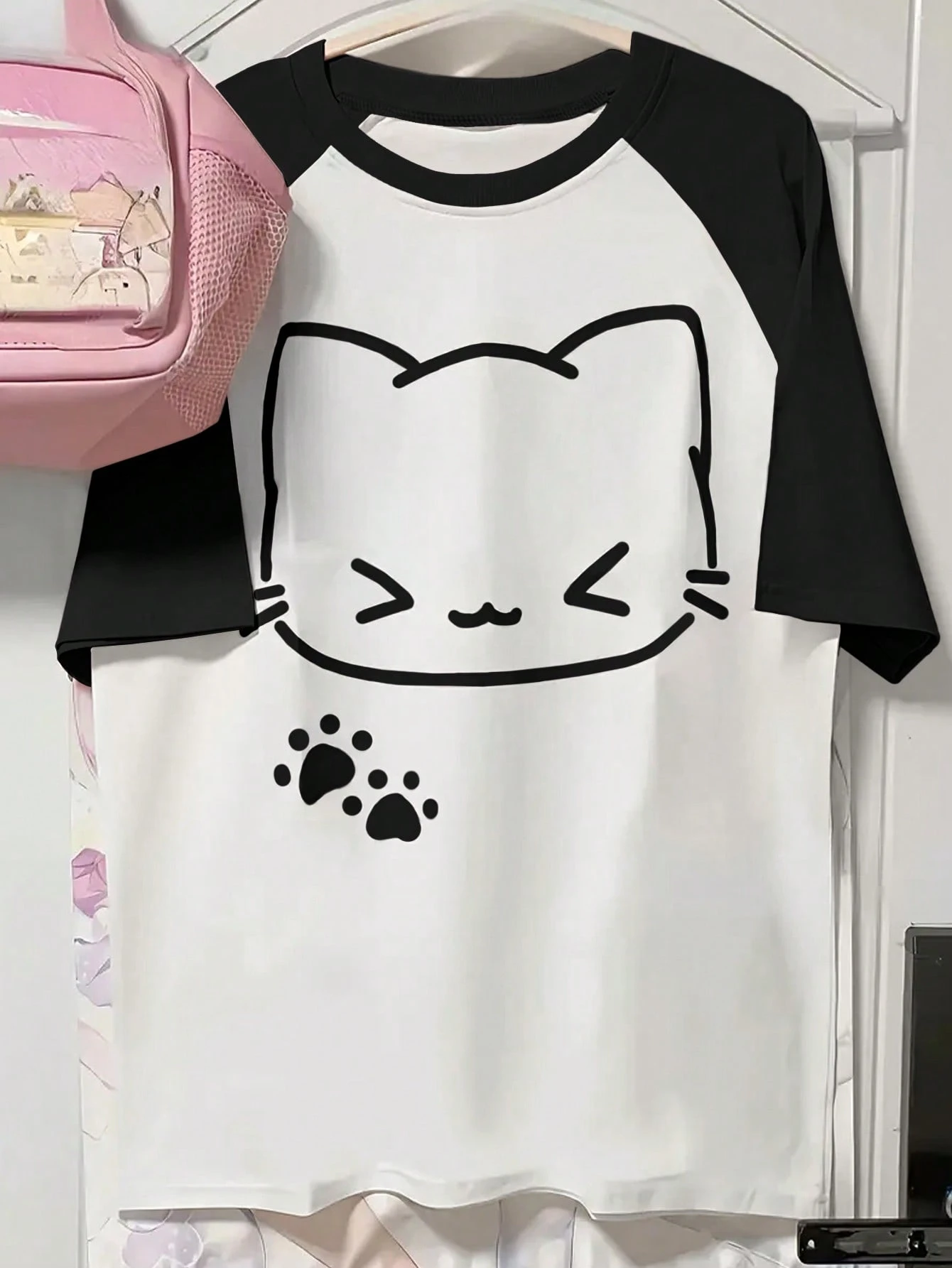 Women Cat Print Color Block Raglan Sleeve Casual T-Shirt, Summer