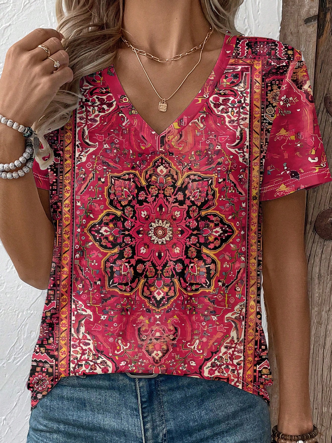 Women's Summer Casual Bohemian Print V-Neck Short Sleeve Tee