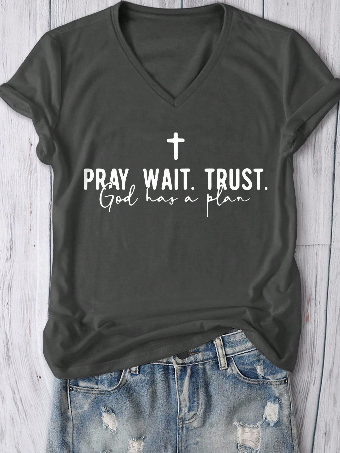 Pray.Wait.Trust Faith Short Sleeve V-Neck T-Shirt For Women, Casual Everyday Wear