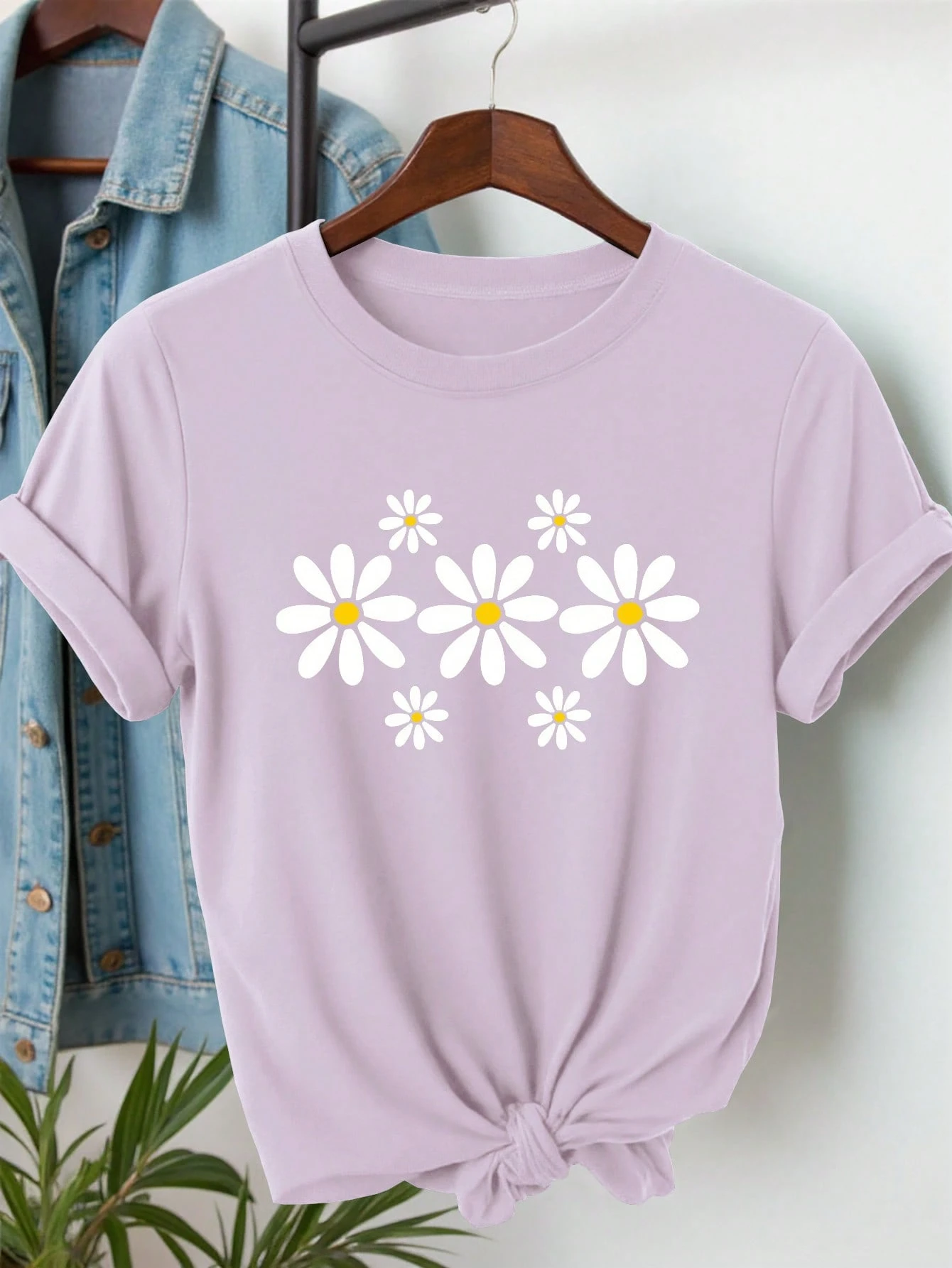 Women's Fashion Round Neck Daisy Flower Graphic Print T-Shirt Top