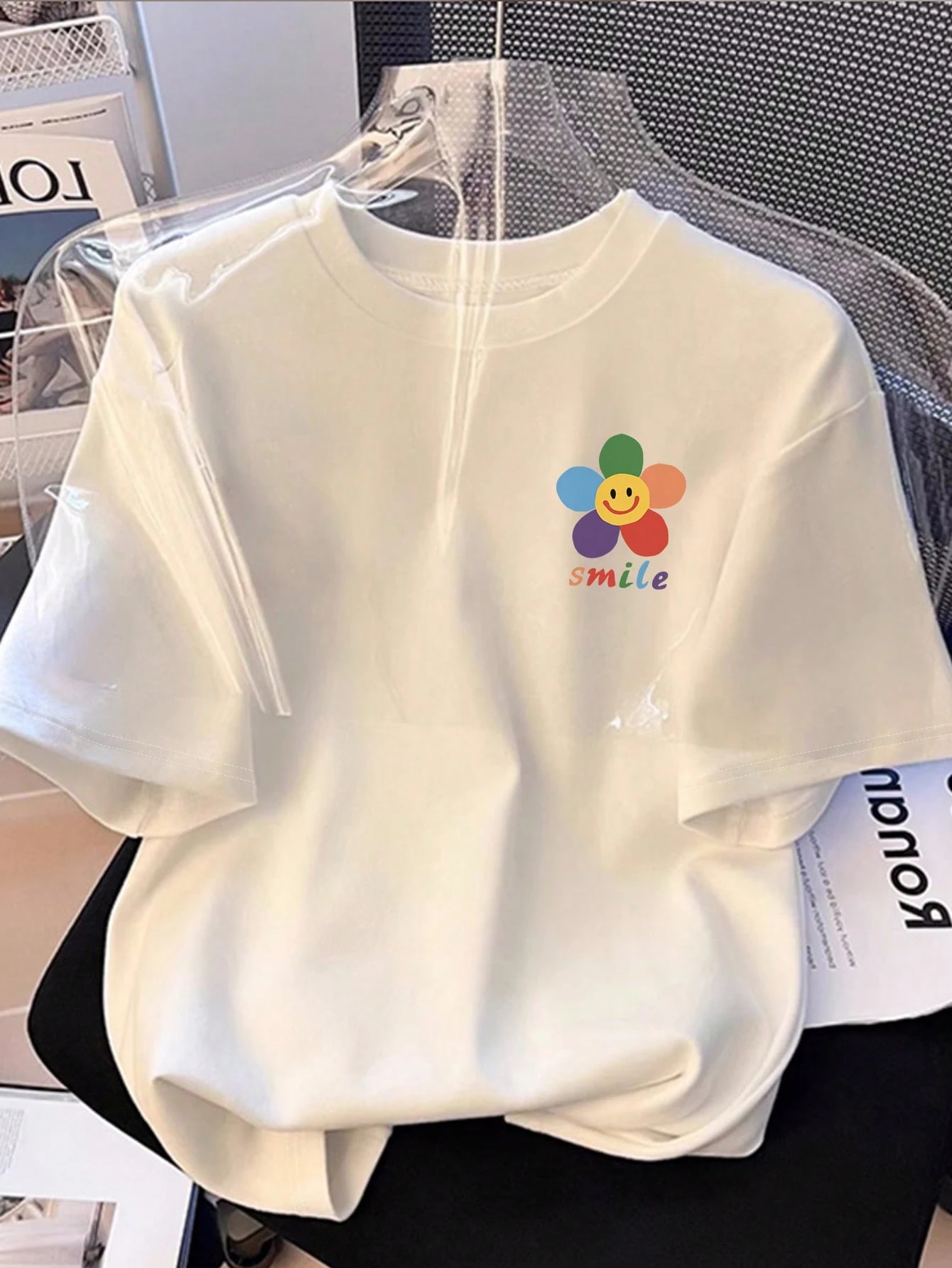 Multicolor Floral Smile Print Casual Women's Round Neck Short Sleeve T-Shirt