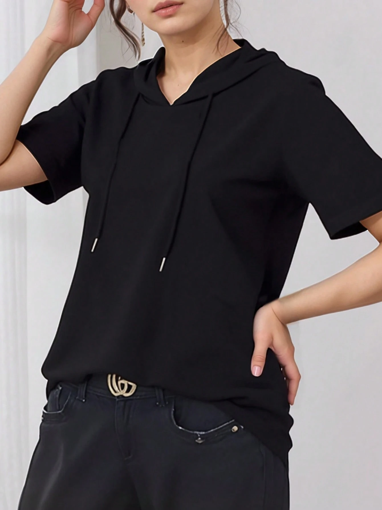 Women's Solid Color Short Sleeve Drawstring Hooded Casual T-Shirt, Summer