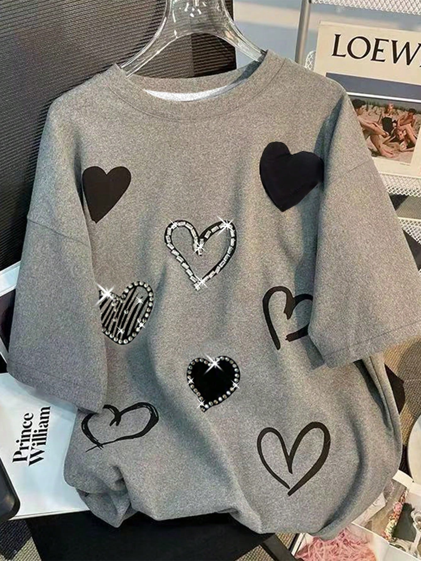 Women Heart Print Rhinestone Crew Neck T-Shirt, Fashionable For Summer
