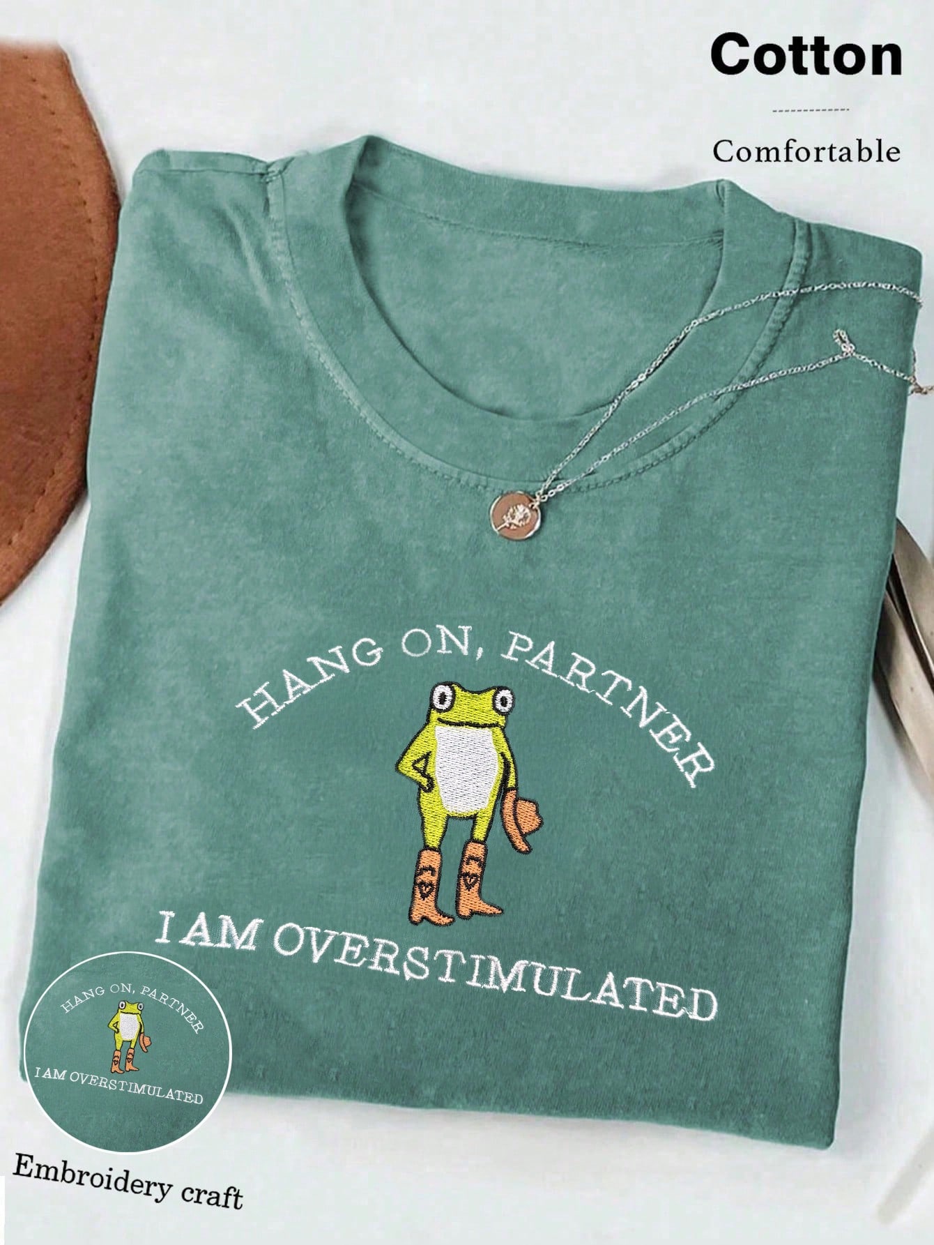 Hold On Partner Embroidered T-Shirt, Cowboy Frog Crazy Shirt, Weird Core Gen Z Graphic Tee For Women